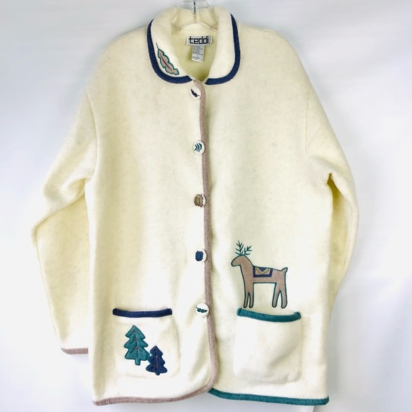 NEW Teddi cream green fleece trees deer button winter holiday jacket large - Picture 2 of 10
